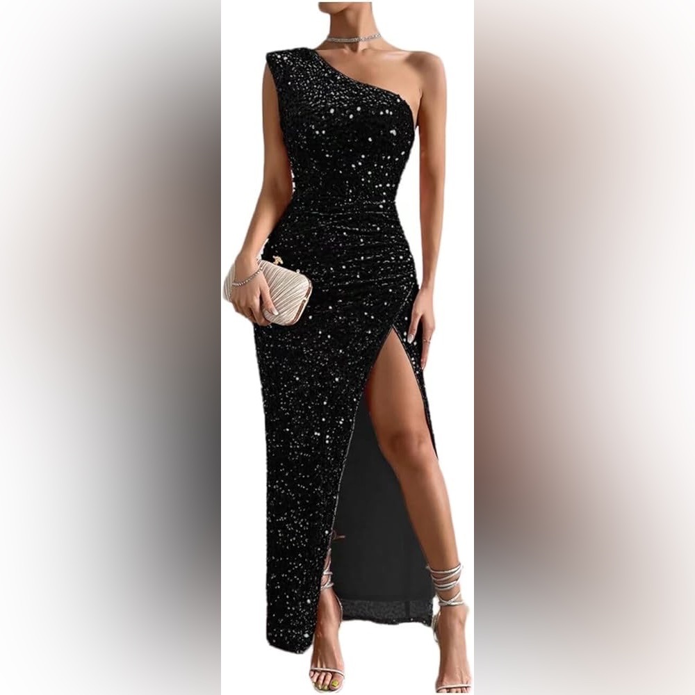 One Shoulder Evening Dress with High Slit Sparkly Sequins Dress